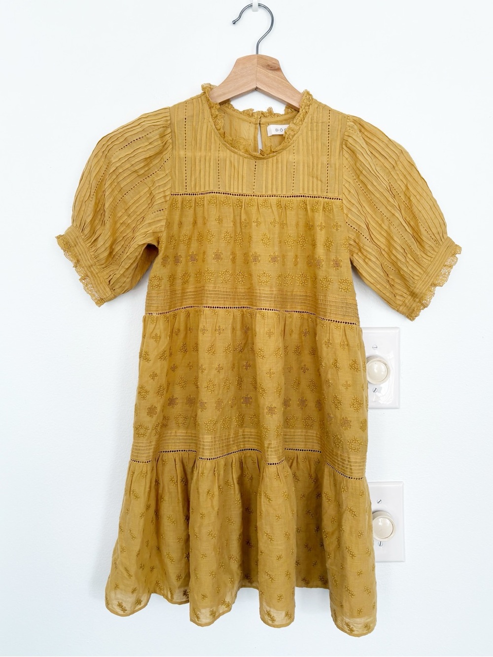 Doen || Girls Ladder Stitch Eyelet Cotton Dress in Wheat Yellow Gold 6